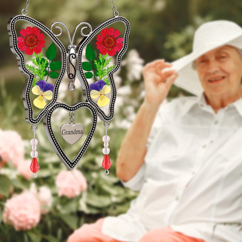 KUNDGLA فراشة Suncatcher الجدة زجاج الشمس الماسك أجنحة زهرة حقيقية مضغوطة في فراشة زجاجية Suncatchers الجدة هدية عيد ميلاد زخرفة للنوافذ مع سحر القلب المعدني - Image 5